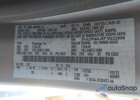 2015 Ford Fiesta S из США, поврежденный, VIN 3FADP4AJ6FM222808